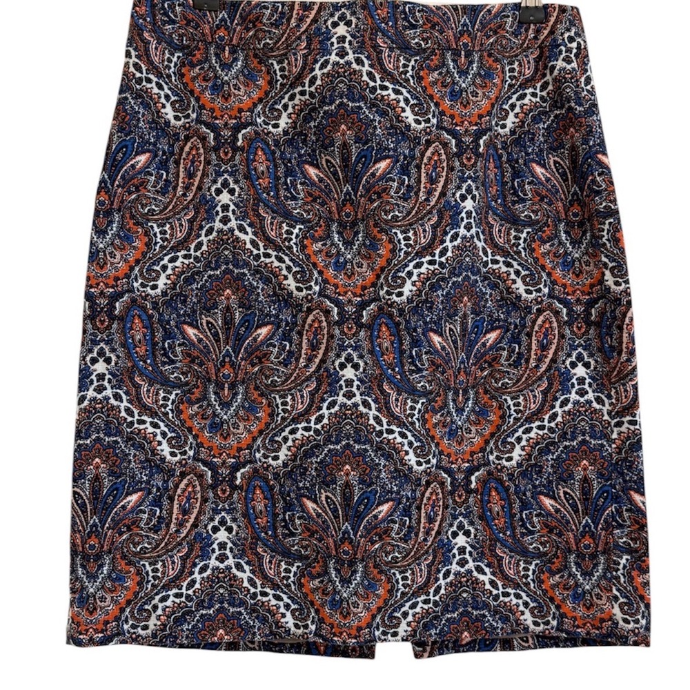 J.Crew Paisley Medallion Pencil Skirt Navy Blue Orange Cotton Blend Size 10